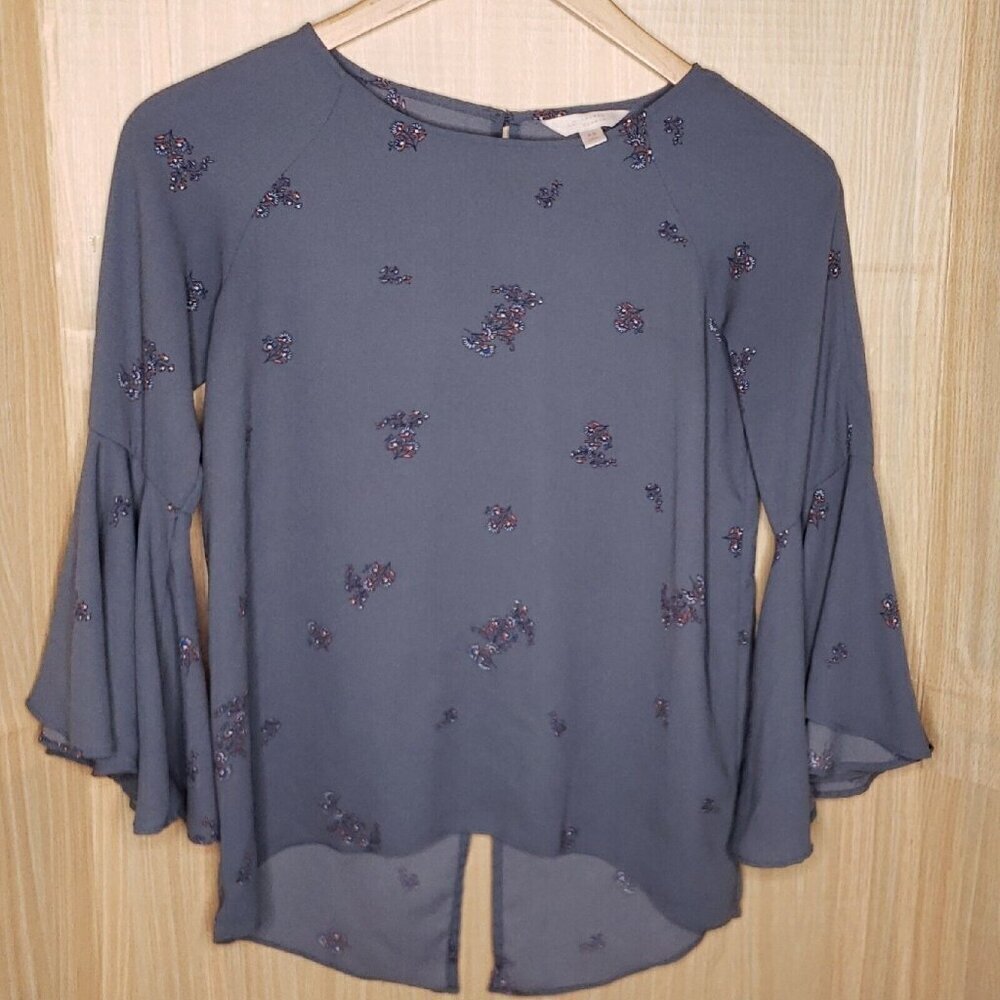 LC Lauren Conrad Womens Blue Bell Sleeve Floral Blouse XS